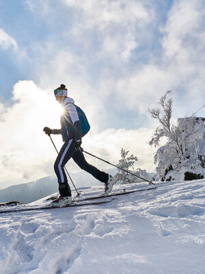 Ein Skitouren-Geher schreitet durch die verschneite Landschaft des Bayerischen Waldes rund um Bodenmais.