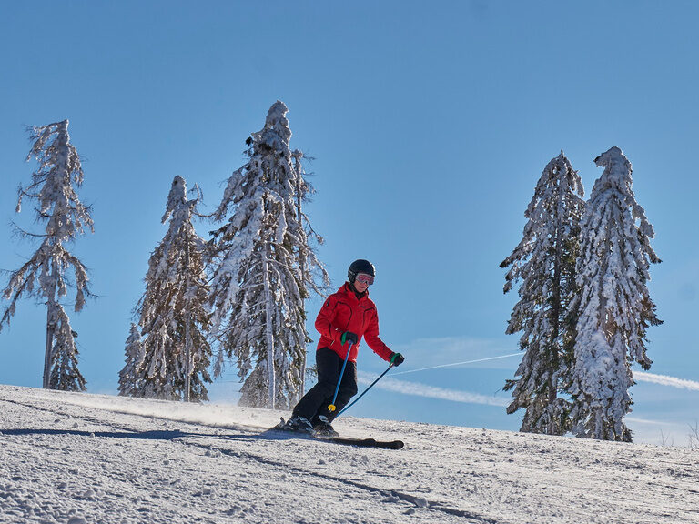 Eine Frau beim Skifahren auf einer verschneiten Piste in Bodenmais, Bayerischer Wald